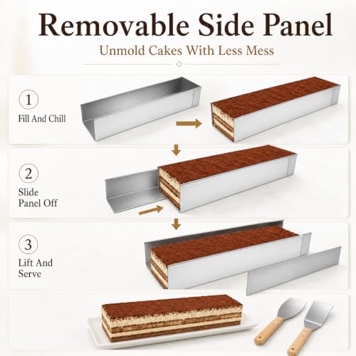 2 Pack Tiramisu Mold, 15.7 x 3.9 x 2.4 in Rectangle Cake Pan with Removable Side Panel, Stainless Steel Cheesecake Mold with 2 Metal Spatulas for Mousse, Brownies, Mango Pudding, Fruit Cakes