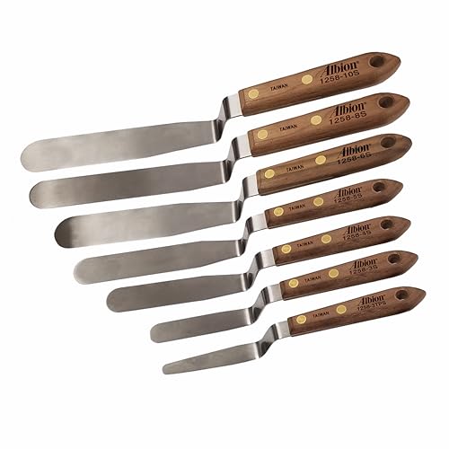 Albion Engineering 1258-G01 7-Piece Classic Offset Caulk Tooling Spatula Set, Stainless Steel with Hardwood Handle - size: Multiple Sizes: 3/8"-1-1/2" Wide x 3"-6" Long, style: Set