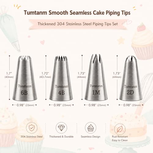 #1M #2D #4B #6B Large Piping Nozzles, 4 pcs Stainless Steel Seamless Icing Piping Tips Set for Cupcakes and Baking