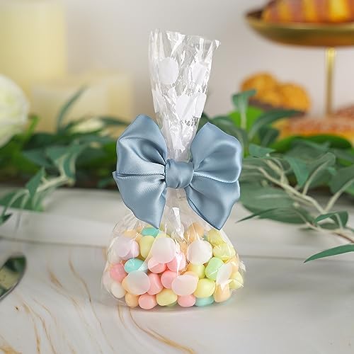 AIMUDI Dusty Blue Satin Ribbon Twist Tie Bows for Treat Bags 3.5" Blue Bows for Crafts Small Bows for Gift Wrapping Premade Bows for Cake Pops Candy Apple Wedding Favors Bridal Shower Decor -24 Counts - color: Dusty Blue