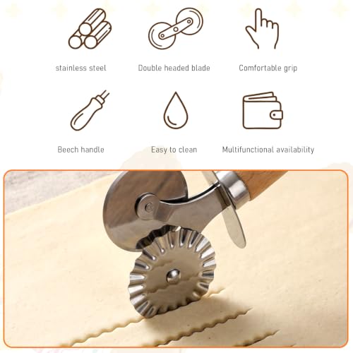Oruola Pasta Wheel Cutter, Double Fluted Pastry Cutter Wheel,Double-Blade Ravioli Cutters,Stainless Steel Double Roller Dough Cutters with Wooden Handle for Pizza,Ravioli,Cookies