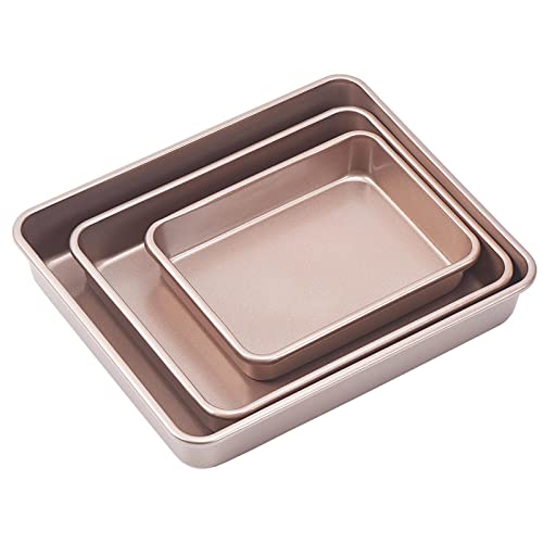 Nonstick Roasting Pan, Deep Baking Pan Set, Large Cake Pan Sets for Oven, 3-Piece Brownie Pan （Gold） - color: Gold