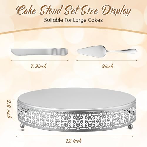 Wenqik Silver Metal Cake Stand 12 Inch with Cutting & Spatula - color: Silver, size: 12 Inch