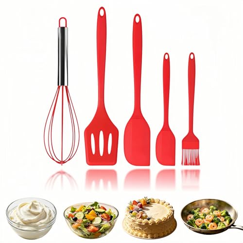 6-Piece Silicone Spatula Set, Heat Resistant Up to 230°C, Non-Scratch Non-Stick Cookware, Seamless One-Piece Design,with Pastry Brush for Baking Cooking Mixing (Red) - color: Red