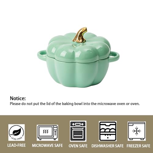 Pumpkin Bowl Set with Lid and Handle, Set of 2 Ceramic Ramekins for Baking, Casserole Dish Individual Severing Pot, Stoneware, Oven Safe, 14 Oz (Green) - color: Green