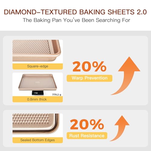 HONGBAKE 3 Pack Gold Nonstick Baking Sheet Pan Set with Oven Mitts Heat Resistant, Non-Toxic Half/Quarter/Jelly Roll Pans with Diamond Texture Pattern, Heavy Duty 0.8mm Thick Cookie Trays for Cooking - color: Champagne Gold (Carbon Steel) + Mitts