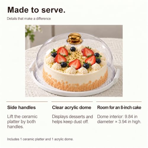 11.4-Inch Ceramic Cake Stand with Lid, White Round Cake Plate with Clear Acrylic Dome Cover for Cakes, Cookies, Pastries and Fruit
