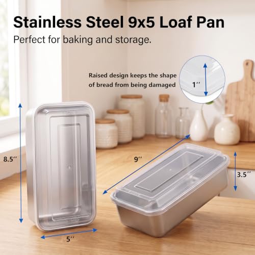 LIANYU 9 x 5 Inch Loaf Pan with Lid, Stainless Steel Bread Pan, Set of 2