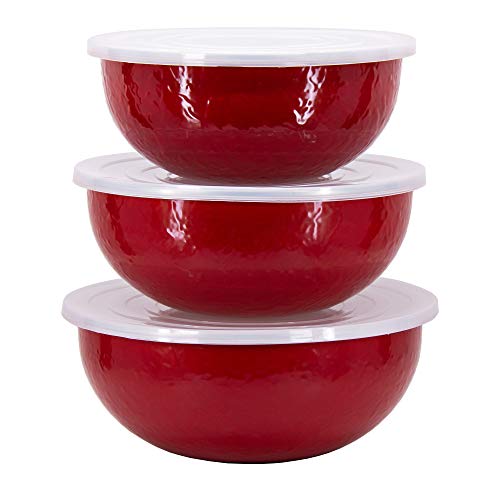 Golden Rabbit Enamelware Nested Mixing Bowls with Lids, Set of 3, Solid Red Textured - color: Solid Red Textured