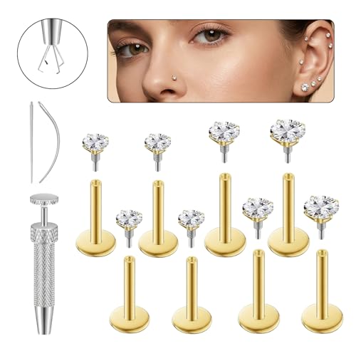 16G 18G Flat Back Earrings Stud 316L Surgical Stainless Steel Internal Thread Piercing Jewelry for Helix, Cartilage, Tragus, Nose, Labret – with Ball Grabber Tool - color: Gold：18GBar-6/6/7/8mm & CZ-2/2.5/3/4mm