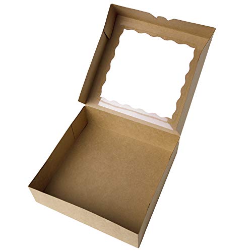 ONE MORE [15pcs] 10inch Kraft Bakery Boxes, Large Pie Boxes with PVC Window Natural Disposable Box for Cookie 10x10x2.5inch,Pack of 15