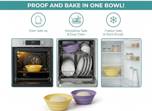 Foldable Silicone Banneton Bread Proofing Baskets 2 Pcs 9 Inch Round Non-Stick Proofing Bowl Baking Basket Oven and Dishwasher Safe, Easy to Clean, Making-BPA Free (Yellow and Purple)