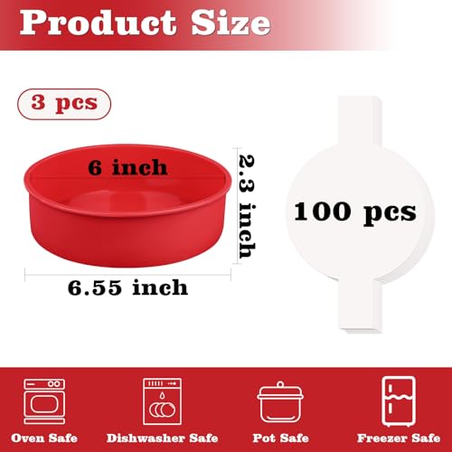 HUAKENER 6" Round Cake Pan,3 PCS Silicone Cake Molds with Parchment Paper - size: 6 Inch