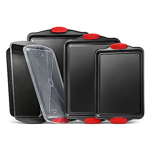 Nonstick Cookie Sheet Pans Set of 5 - Professional Quality Carbon Steel Baking Sheet Trays with Gray Coating Inside & Outside – Small, Medium, Large Pans, Roaster Pan, and Plastic Lid - color: Black, size: Multi-Size Set