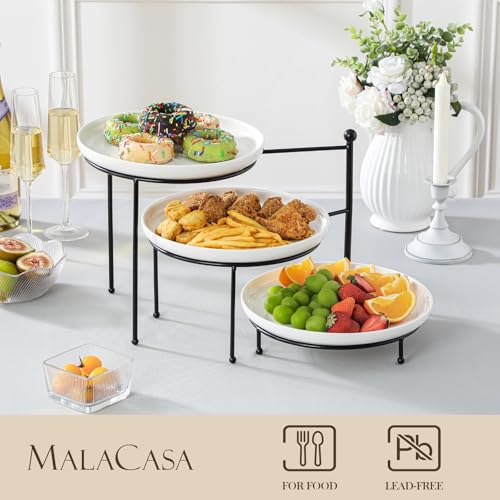 MALACASA 3 Tier Round Rotating Cupcake & Cake Stand, Porcelain Serving Tray - color: White