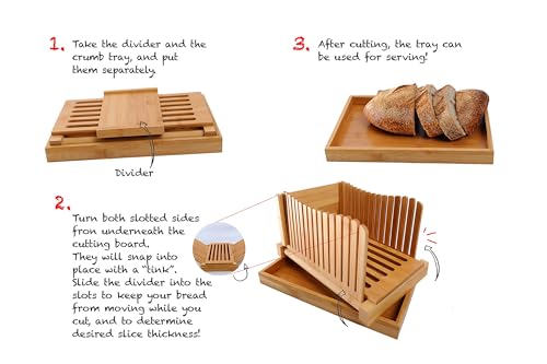 Bamboo Bread Slicer with Crumb Tray Bamboo Bread Cutter for Homemade Bread, Loaf Cakes, Bagels Slicer, 3 Slice Sizes, Adjustable, Compact, Foldable