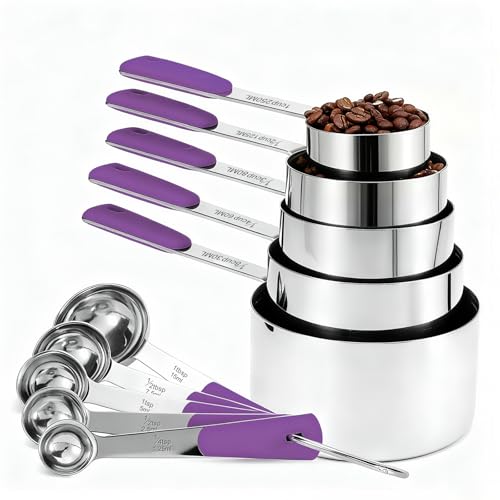 Bopei 10-Pcs Stainless Steel Measuring Cups & Spoons Set, Purple Handles - color: Purple