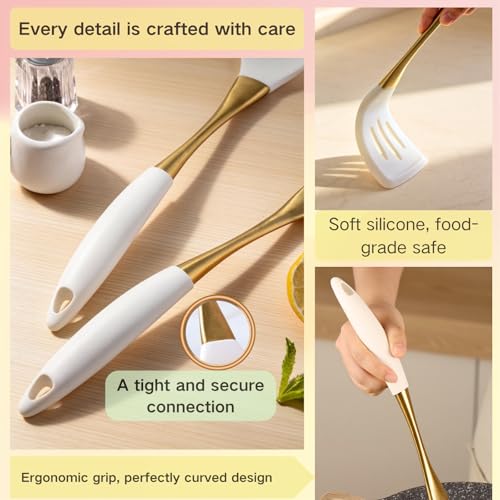 Heat-Resistant Kitchen Spatula Set – Non-Toxic Cooking Utensils with Solid & Slotted Designs –Food Grade Silicone and Gold-Plated Stainless Steel Handles –Ideal for Nonstick Cookware, Gold - color: Golden