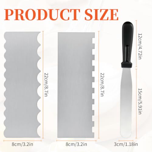 Cake Scraper Set 3PCS, Stainless Steel Flat Convex Wave with Icing Spatula