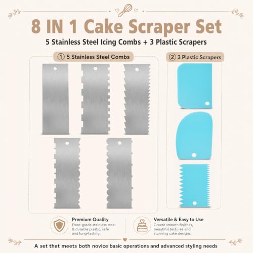 5PCS 9 Inch Cake Scraper Set Stainless Steel Smoother Comb Double Sides
