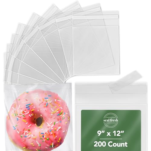 Seal Fresh 9 x 12 Inch Cellophane Bags 200 Pack — Clear Self-Sealing Resealable Large Bags for Gift Packaging, Apparel, Crafts, Party Favors, Document Storage - size: 9" x 12"