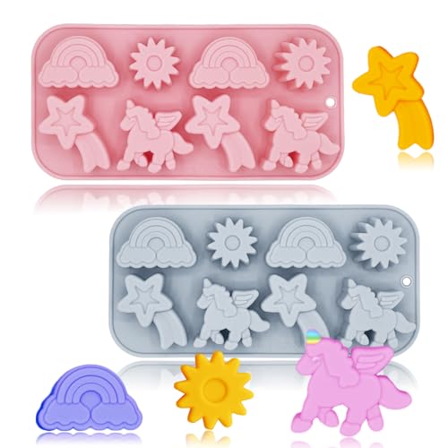 2 Pack Unicorn Molds Silicone 8 Cavity 3D Flying Unicorn Themed Baking Mould Tray with Cartoon Rainbow Meteors Sun for Kids' Party Chocolate Cake Topper Dessert Mousse Pastry Handmade Soap Crayons - style: 8 Cavity Unicorn Molds