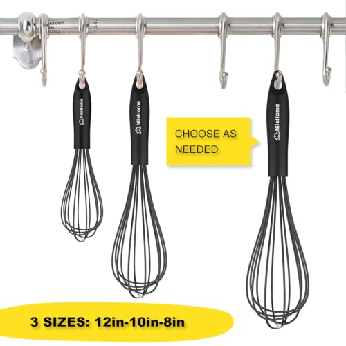 NileHome Silicone Whisk Set 8" 10" 12" Kitchen Whisk Black,3-pack - size: 3-Pack