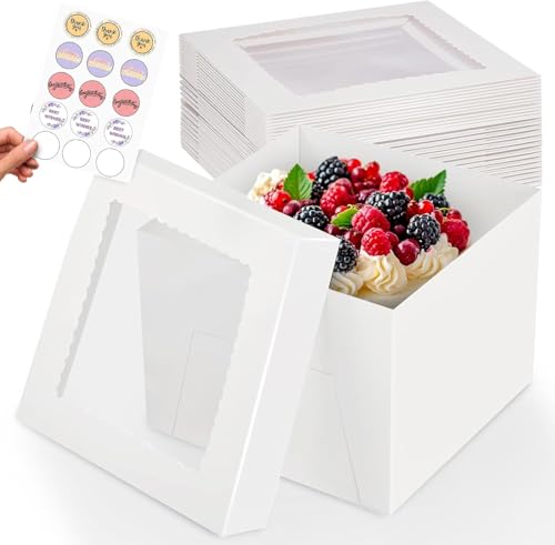 RICCLE 15pcs Cake Boxes, 8x8x8 Inches Tall Cake Box with Window, Large White Bakery Boxes, Baking Boxes, Square Cardboard Cake Box for Multi-Layer Cakes, Cake Decorating Supplies, Valentines Day - size: 15 PCS - 8×8×8
