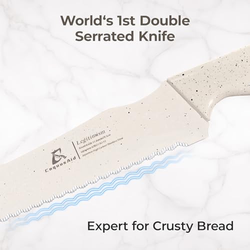 CoquusAid Bread Knife for Homemade Bread, World's 1st Double Serrated Knife - color: Creamy White