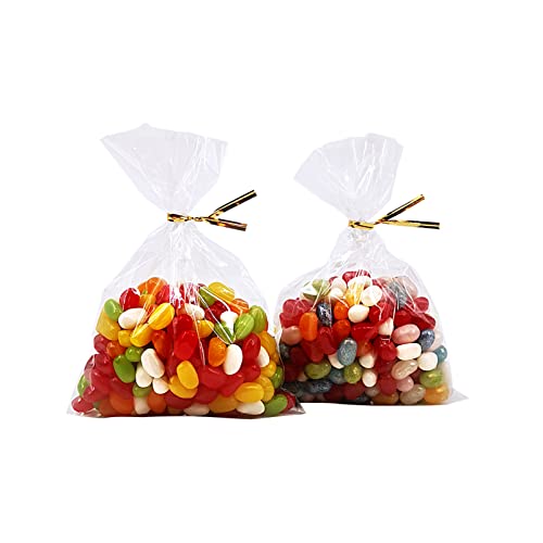 Wowfit 100 CT 5x7 Clear Cellophane Cookie & Treat Bags, 4" Gold Twist Ties - size: 5x7 Inch (Pack of 100)