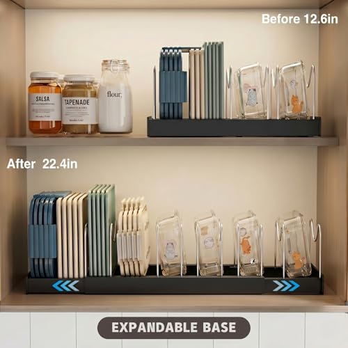 Magheo Expandable Food Storage Container Lid Organizers, 22" Pots and Pans Organizer Under Cabinet with 9 Adjustable Dividers Pot and Pan Lid Holders Rack Inside Cabinet(Black,1 Pack) - color: Black, size: (1 Pack)22.4"D x 7.9"W x 6.3"H