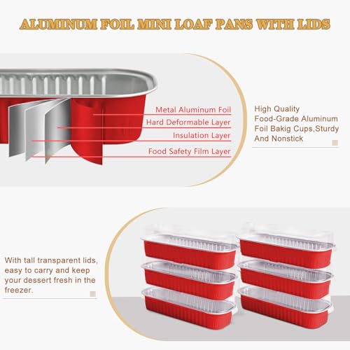 Mini Cake Pans with Lids and Spoons 200 Pack, Mini Loaf Pans with lids 6.8oz, Small Disposable Aluminum Foil Loaf Pans, Rectangular Baking Container for Party, Picnics and Housewarming (Red) - color: Red