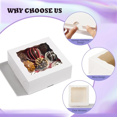 RomanticBaking 51PCS 5x5x2 Inch Bakery Boxes,Cookie Boxes with Window, Pastry Boxes for Macaroon Dessert Cupcake Donut Pastry Muffins - size: 5x5x2½"