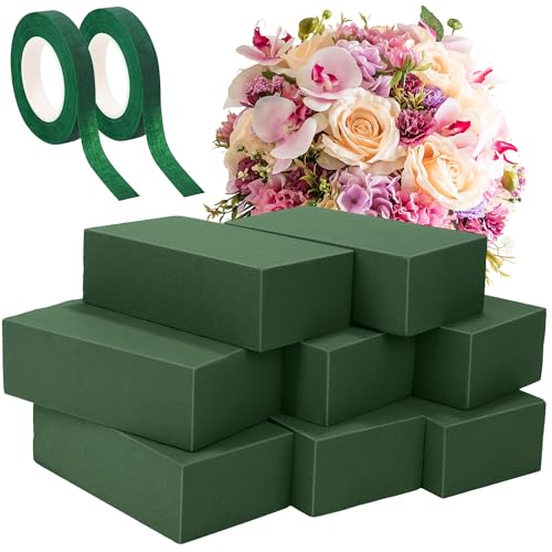 Aneco 8 Pieces Floral Foam Blocks with 2 Rolls Floral Tape 5.5''L x 3.1''W x 1.8''H Green Square Flower Foams Flower Arrangements Supplies for Dry & Wet Flower Wedding Home Decor and DIY Crafts