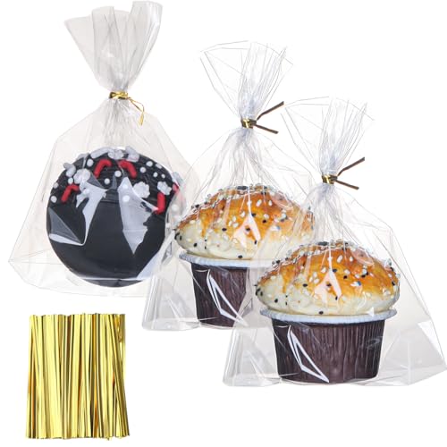 200 PCS 5x6.5 Cellophane Muffin Bags with Gold Twist Ties & Flat Bottom – Food-Safe Bakery Packaging for Cupcakes, Brownies, Cookies Macarons – Commercial-Grade for Party Favors, Catering Displays - color: Clear 5x6.5 Inch-200