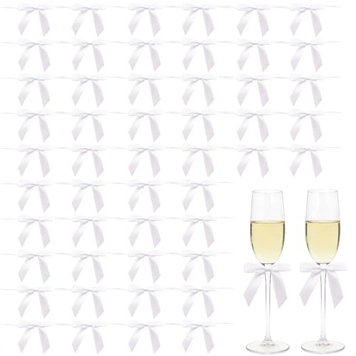 White Satin Pre-Tied Twist Tie Bows, 50 Pack for Treat Bags - color: White