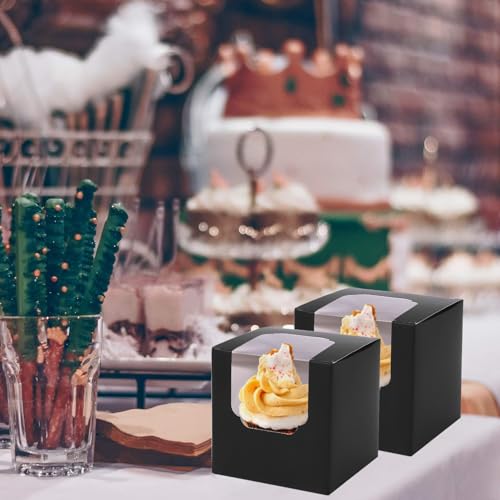 JCD 120 Boxes+120 Inserts Black Cupcake Boxes Individual Cupcake Container 3.5" x 3.5" x 3.5" Auto-Pop up Single cake Box for Bakery Gift Giving (Black/120Pcs) - color: Black/120Pcs