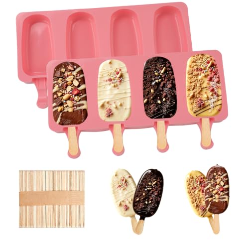 Silicone Popsicle Molds, 2 Pcs Pink Popsicles Molds, 4 Cavities Ice Cream Mold with 50 Wooden Sticks for Making Cakesicles Fudgesicle Candy DIY Cake Ice Pop Summer Party Supplies - color: Pink
