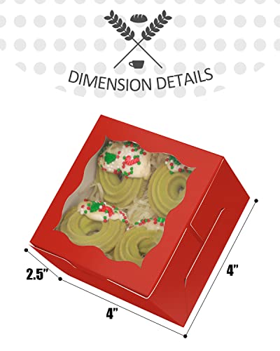 qiqee Red Bakery Boxes with Window 55pcs 4x4x2.5 Mini Cookie Boxes Macaron Boxes Small Donut Pastry Boxes for Party - color: Red, size: 4*4*2.5inch/55Packs