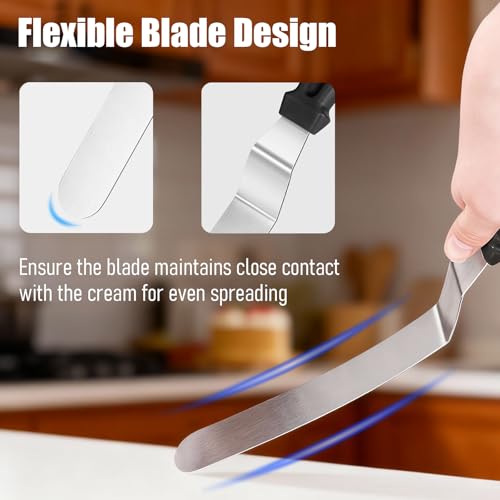 Bestac Stainless Steel Cake Spatula Set - 6&8 Inch Flanged Edge Angled Offset Non-Slip Handle 2-Piece Ideal for Cake Frosting/Decorating Home Baking & Bakery (Black)