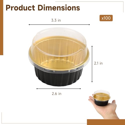 Disposable Ramekins with Lids, 100 Pcs 4.2 oz Aluminum Foil Baking Cups Containers for Cake, Dessert, Muffin, Cupcake, 3.3 x 2.1 in, Black Gold
