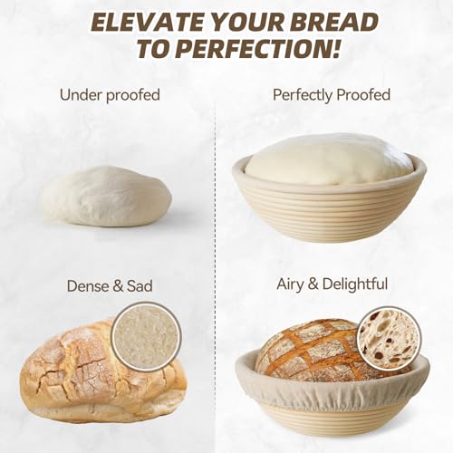 Kikcoin 9" & 10" & 10" Banneton Bread Proofing Basket Set, Round & Oval Banneton Basket for Sourdough Baking, Baking Supplies with Linen Liner, Bread Lame & Dough Scraper, Sourdough Proofing Tools - size: 9" Round & 10" Round & 10" Oval