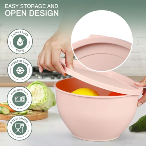 Greentainer Plastic Mixing Bowls with Lids Set for Kitchen, 5 Set Nesting Bowls for Mixing, Baking, Prepping, Cooking and Serving Food, Mixing Bowls Dishwasher, Microwave Safe - color: Pink