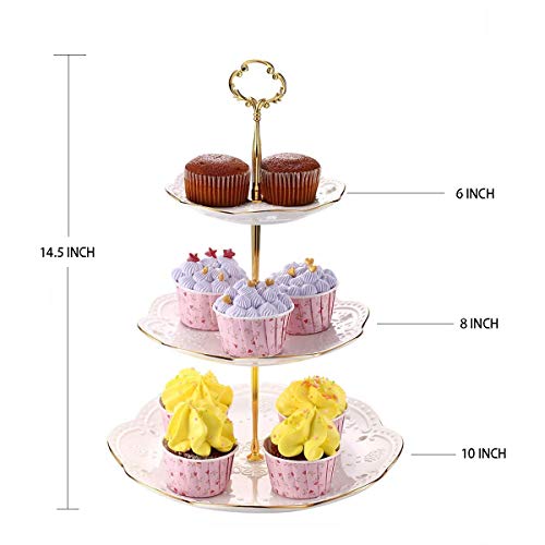 3-Tier Porcelain Embossed Cupcake Stand - Pure White Rimmed with Gold Dessert Cake Stand - Pastry Serving Tray Platter for Tea Party, Wedding and Birthday