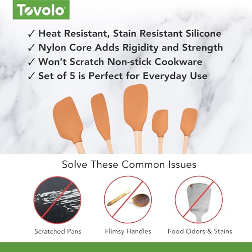 Tovolo Silicone Spatula with Wooden Handle Set of 5 Piece Silicone Kitchen Utensil Set Spoonula Jar Scraper Mini Spatula and Spoonula for Cooking Baking Mixing Folding Apricot Orange Cookware - color: Apricot