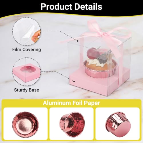 EUSOAR Cupcake Boxes with Cupcake Liners, 50pcs 3.5 Inch Clear Cupcakes Carrier and 50pcs 3.5oz Disposable Wrappers, Individual Cupcakes Dessert Pastry Containers for Wedding Party Favor Bakery - color: Pink/Rose Pink