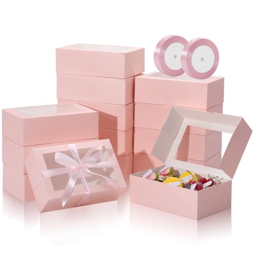 COTOPHER 30Pcs Cookie Boxes with Ribbons, 9x6x3 Inch Pink Bakery Boxes - color: Pink