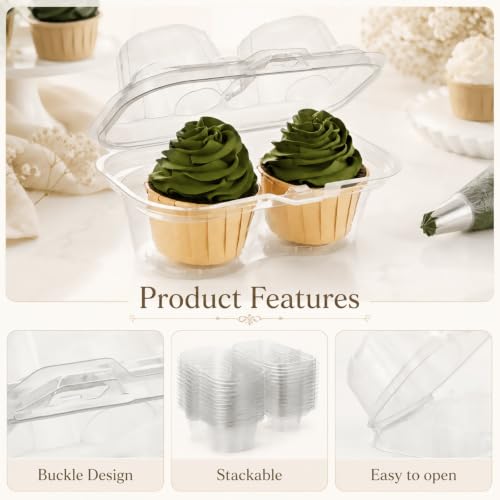 25PCS 2 Compartment Clear Cupcake Containers, Plastic Cupcake Holders 2 Cavity Stackable Deep Dome Clear Cupcake Holders, Cupcake Carrier for Cake Store and Bakery