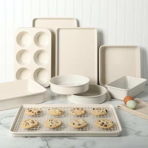 Martha Stewart Gallen 10 Piece Baking Pans Ceramic PFA Free Non Toxic Non Stick Bakeware Set - Linen White - color: Linen White