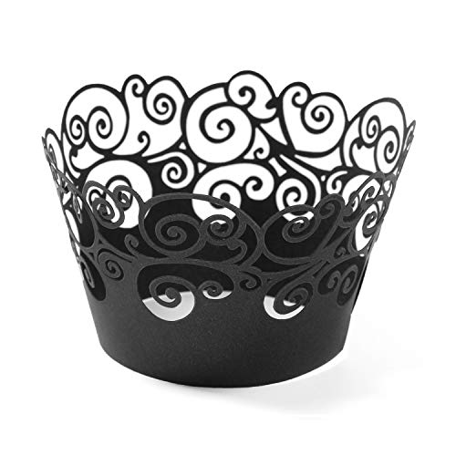 Cupcake Wrappers, KPOSIYA 100 Pack Cupcake Wraps Filigree Artistic Bake Cake Paper Cup Little Vine Laser Cut Liner Baking Cups Muffin Case Trays for Wedding Party Birthday Decoration (100, Black) - color: Black, size: Black (Pack of 100)